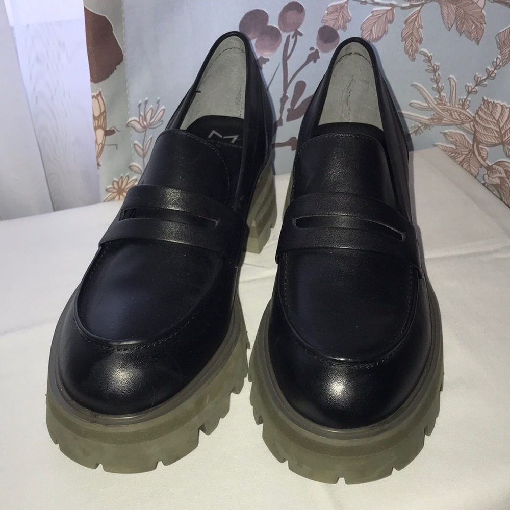 Marc Fisher Black Leather Penny Loafers with Chunky Tan Soles
